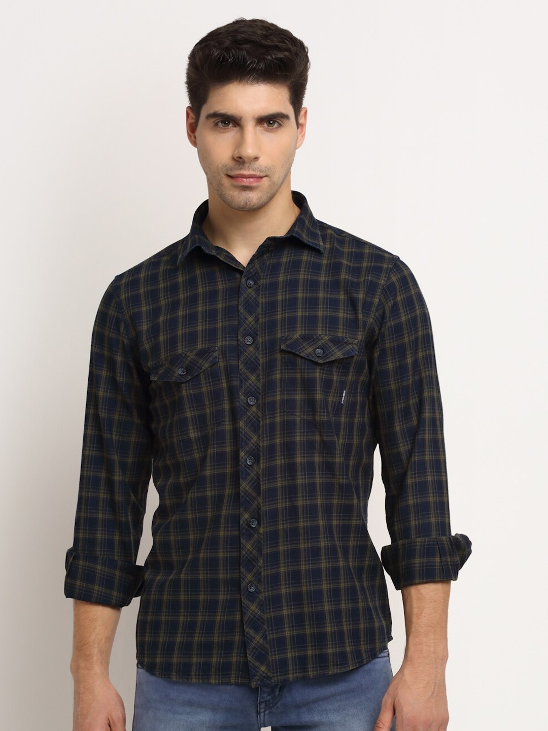 

Cantabil Men Olive Green & Navy Blue Checked Cotton Casual Shirt