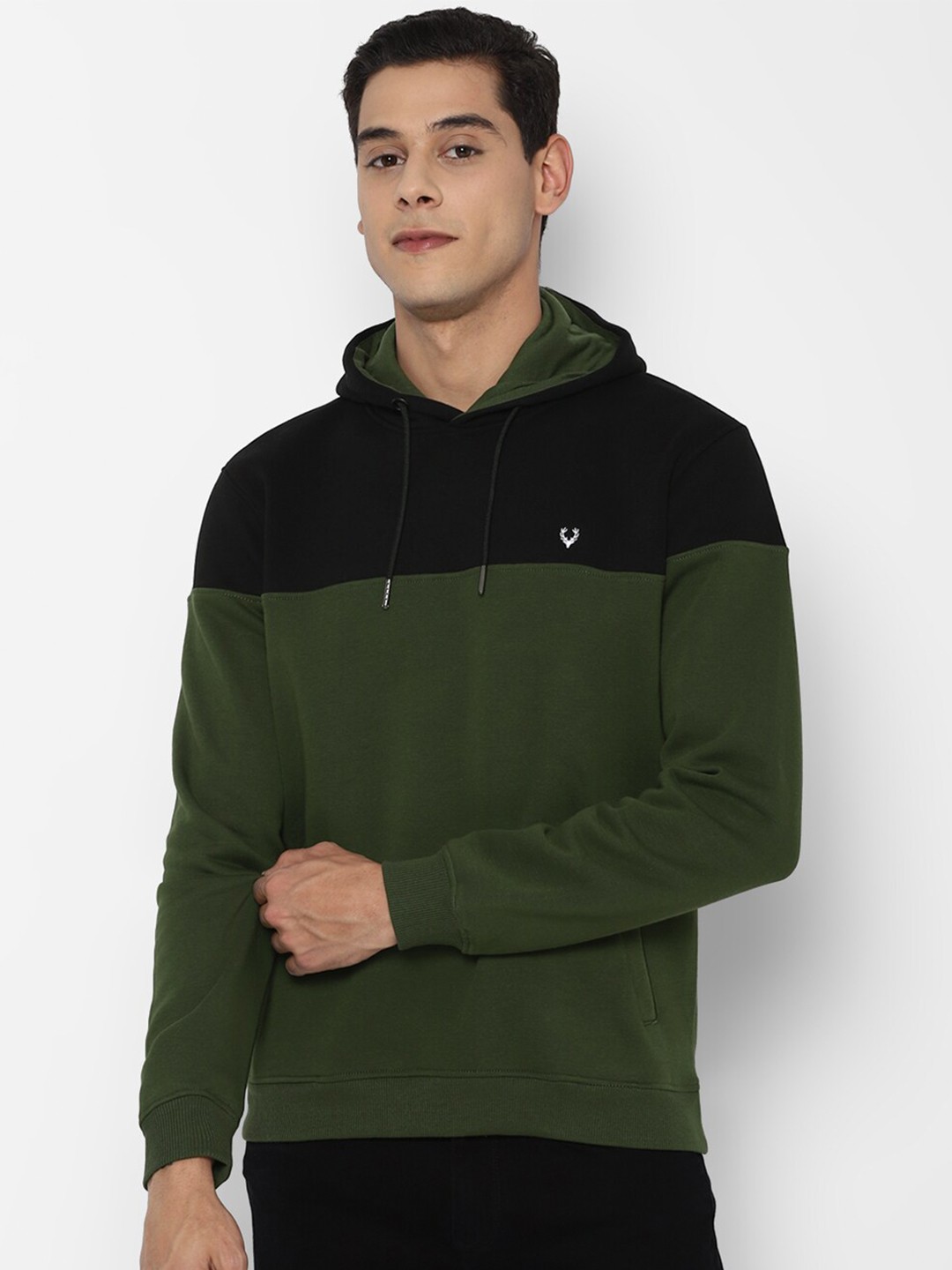 

Allen Solly Men Olive Green Colourblocked Hooded Sweatshirt
