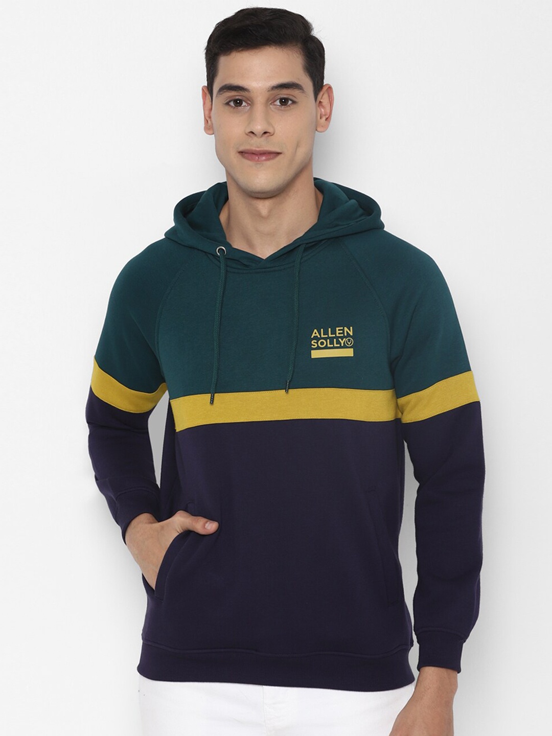 

Allen Solly Men Navy Blue & Green Colourblocked Hooded Sweatshirt