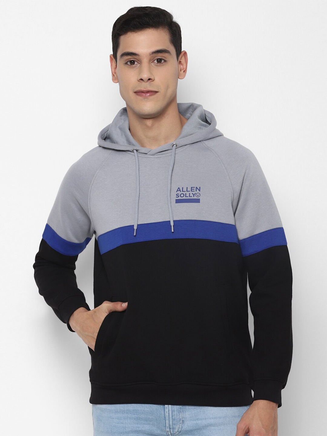 

Allen Solly Men Black & Grey Colourblocked Hooded Sweatshirt