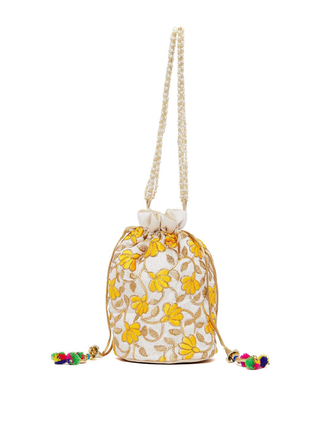 

Athena Yellow & White Embroidered Potli Bag