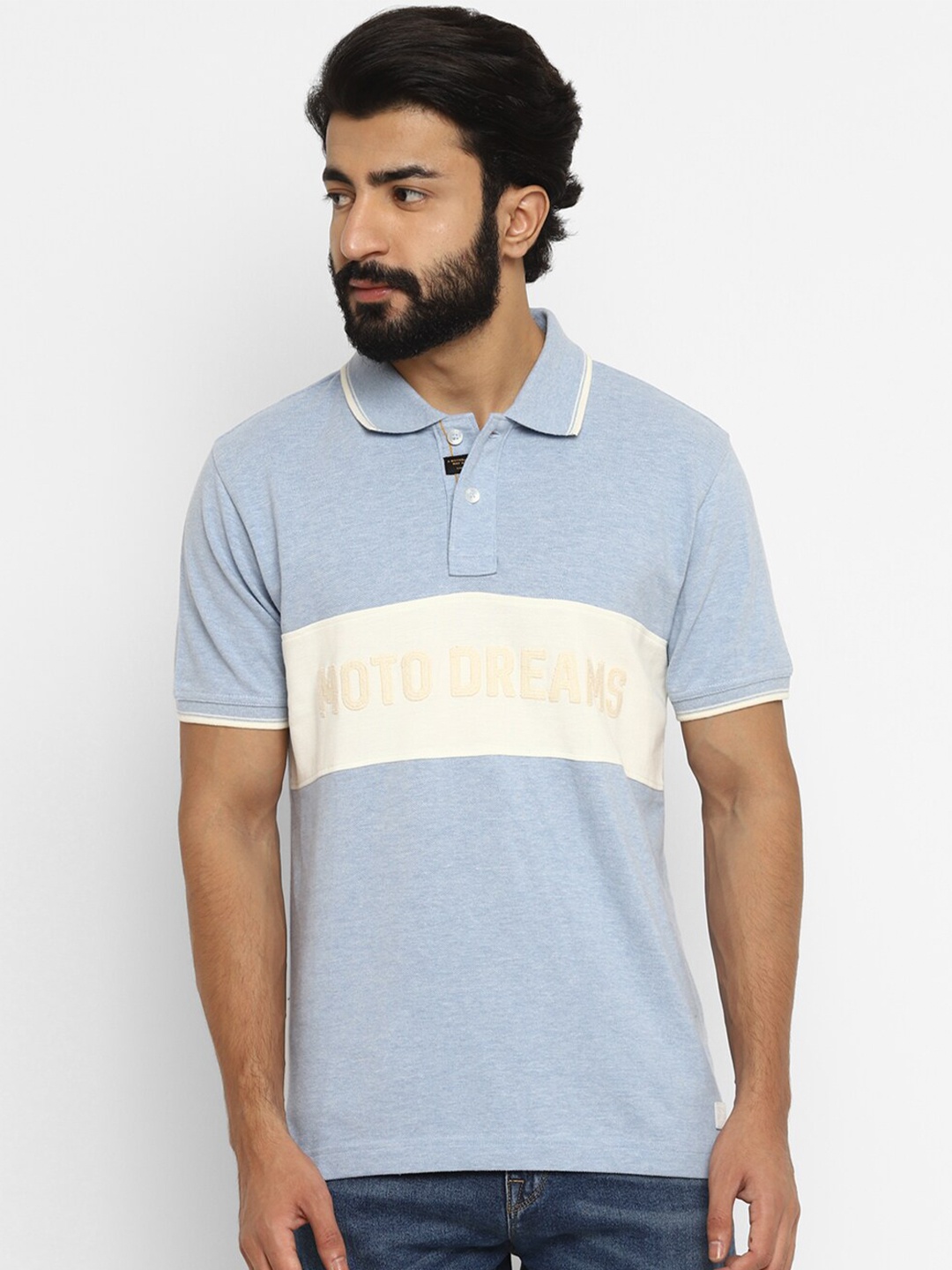 

Royal Enfield Men Blue & White Striped Polo Collar T-shirt