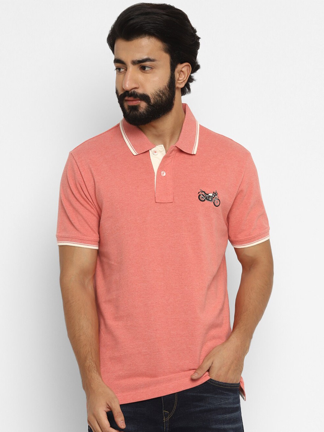 

Royal Enfield Men Peach Solid Polo Collar T-shirt