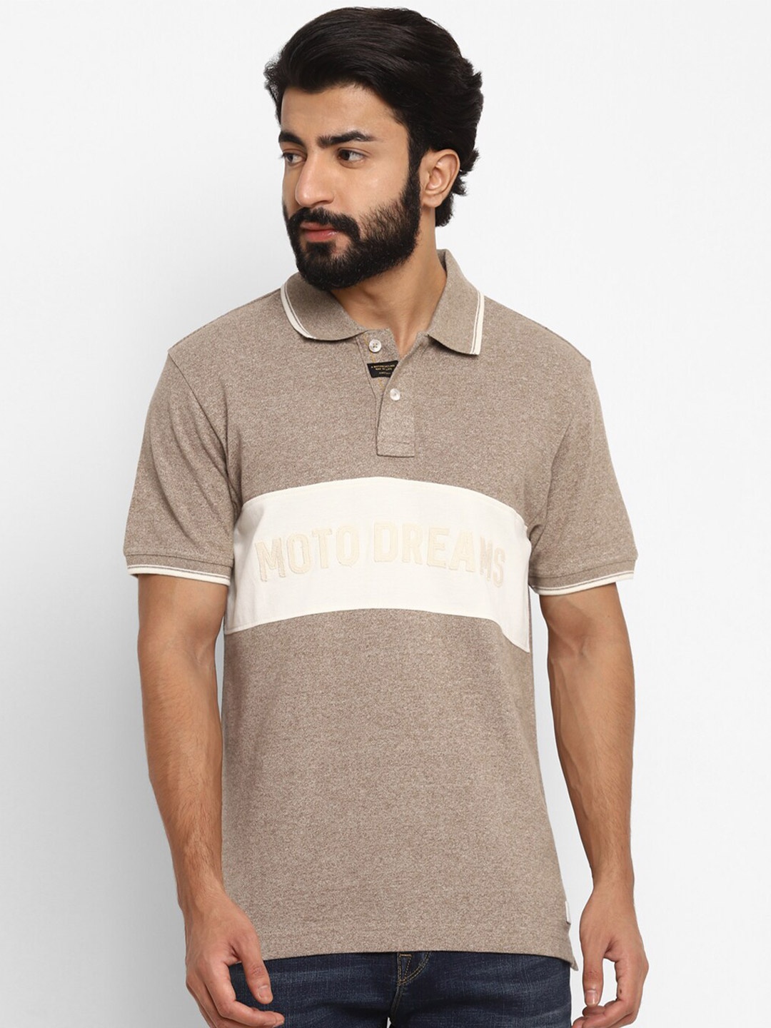 

Royal Enfield Men Brown Colourblocked Polo Collar Cotton T-shirt