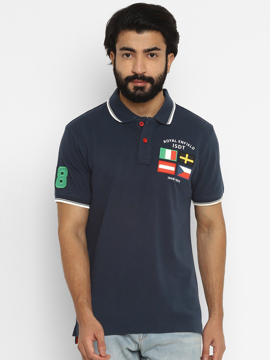 

Royal Enfield Men Navy Blue Printed Polo Collar Cotton T-shirt