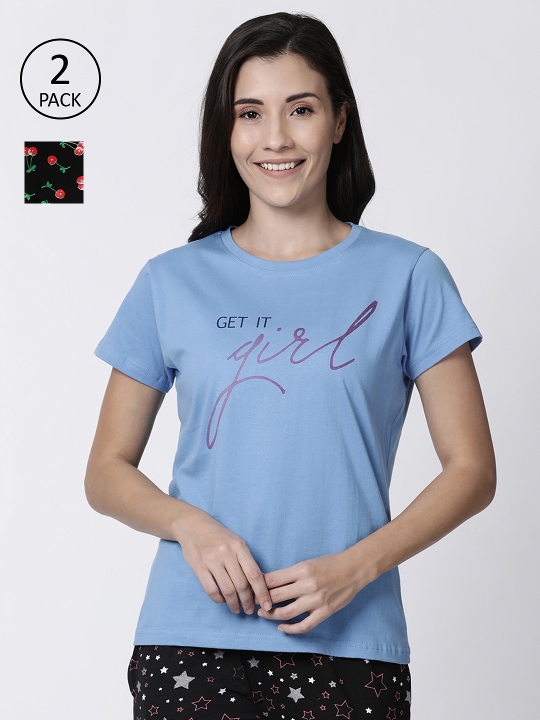 

Kryptic Women Pack Of 2 Printed Pure Cotton Lounge T-Shirts, Red