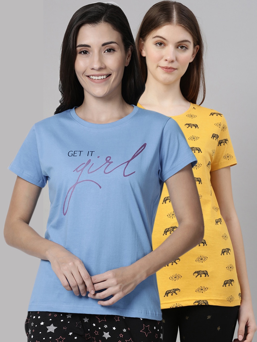 

Kryptic Women Pack Of 2 Printed Pure Cotton Lounge T-Shirts, Blue