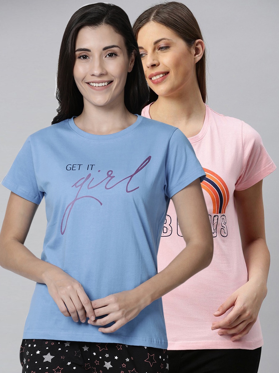 

Kryptic Women Pack Of 2 Printed Pure Cotton Lounge T-Shirts, Blue