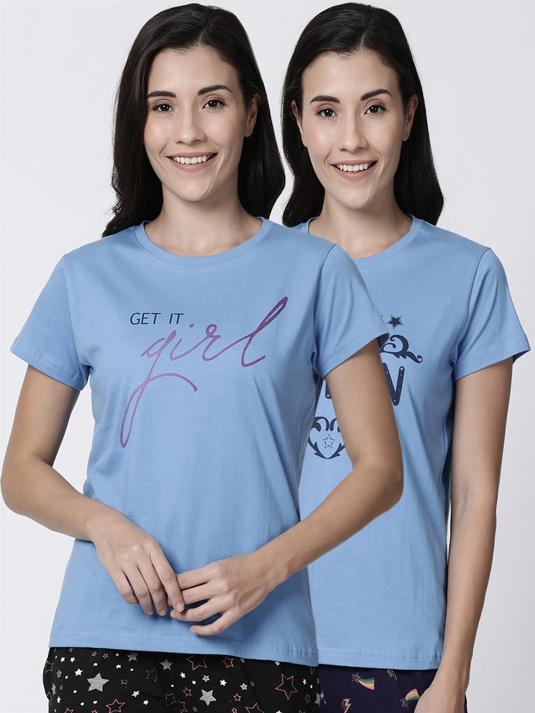 

Kryptic Women Pack Of 2 Blue Printed Pure Cotton Lounge T-Shirts