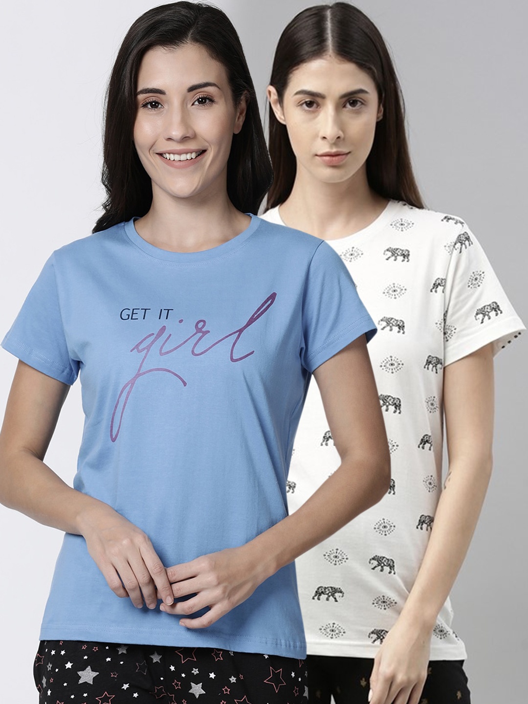 

Kryptic Women Pack Of 2 Printed Pure Cotton Lounge T-Shirts, Blue
