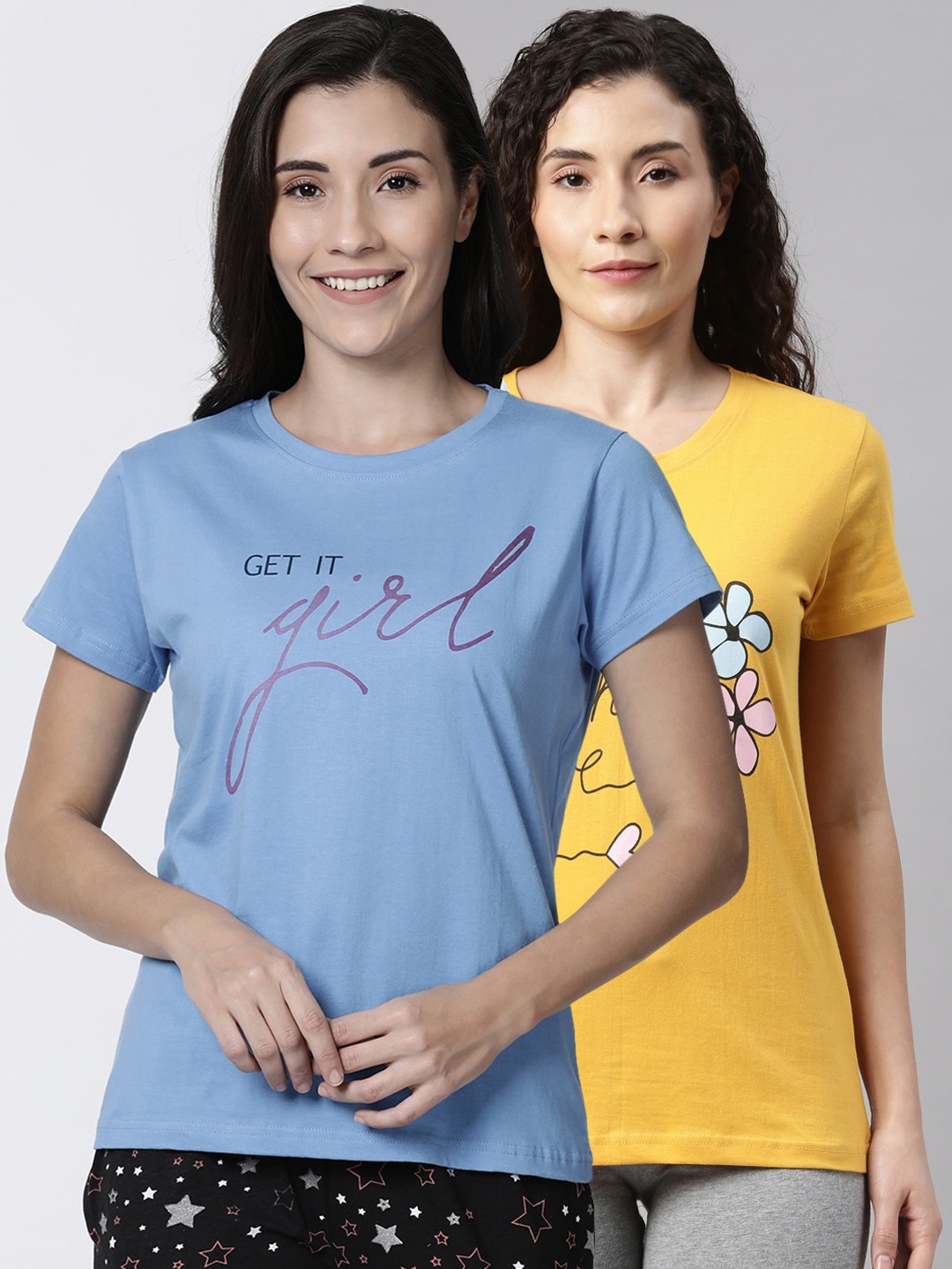 

Kryptic Women Pack Of 2 Printed Pure Cotton Lounge T-Shirts, Blue