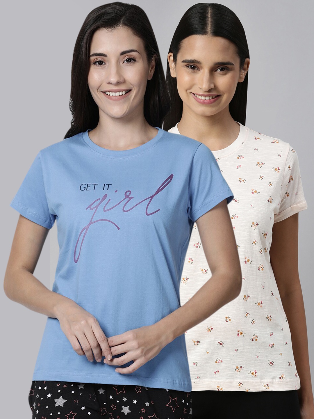 

Kryptic Women Pack Of 2 Printed Pure Cotton Lounge T-Shirts, Blue