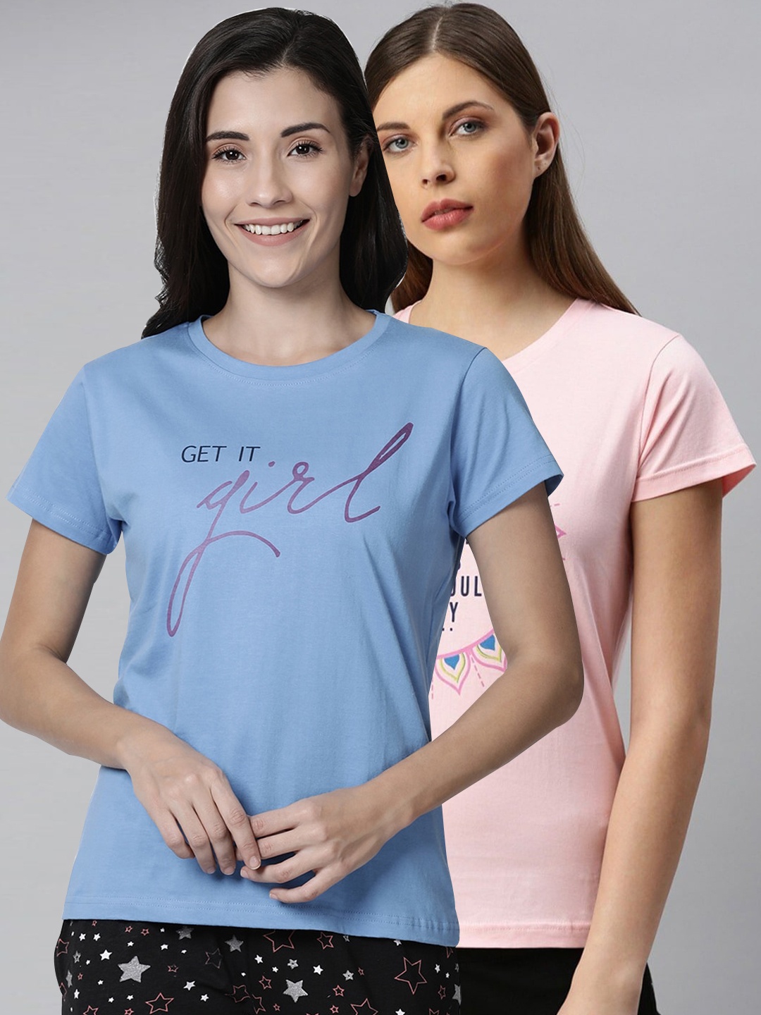 

Kryptic Women Pack Of 2 Printed Pure Cotton Lounge T-Shirts, Blue