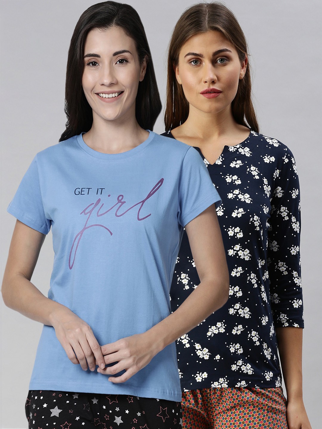 

Kryptic Women Pack Of 2 Printed Pure Cotton Lounge T-Shirts, Blue