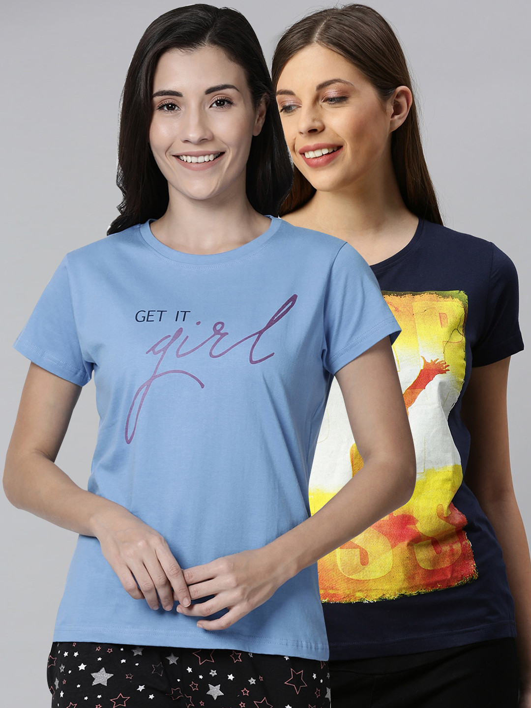 

Kryptic Women Pack Of 2 Printed Pure Cotton Lounge T-Shirts, Blue
