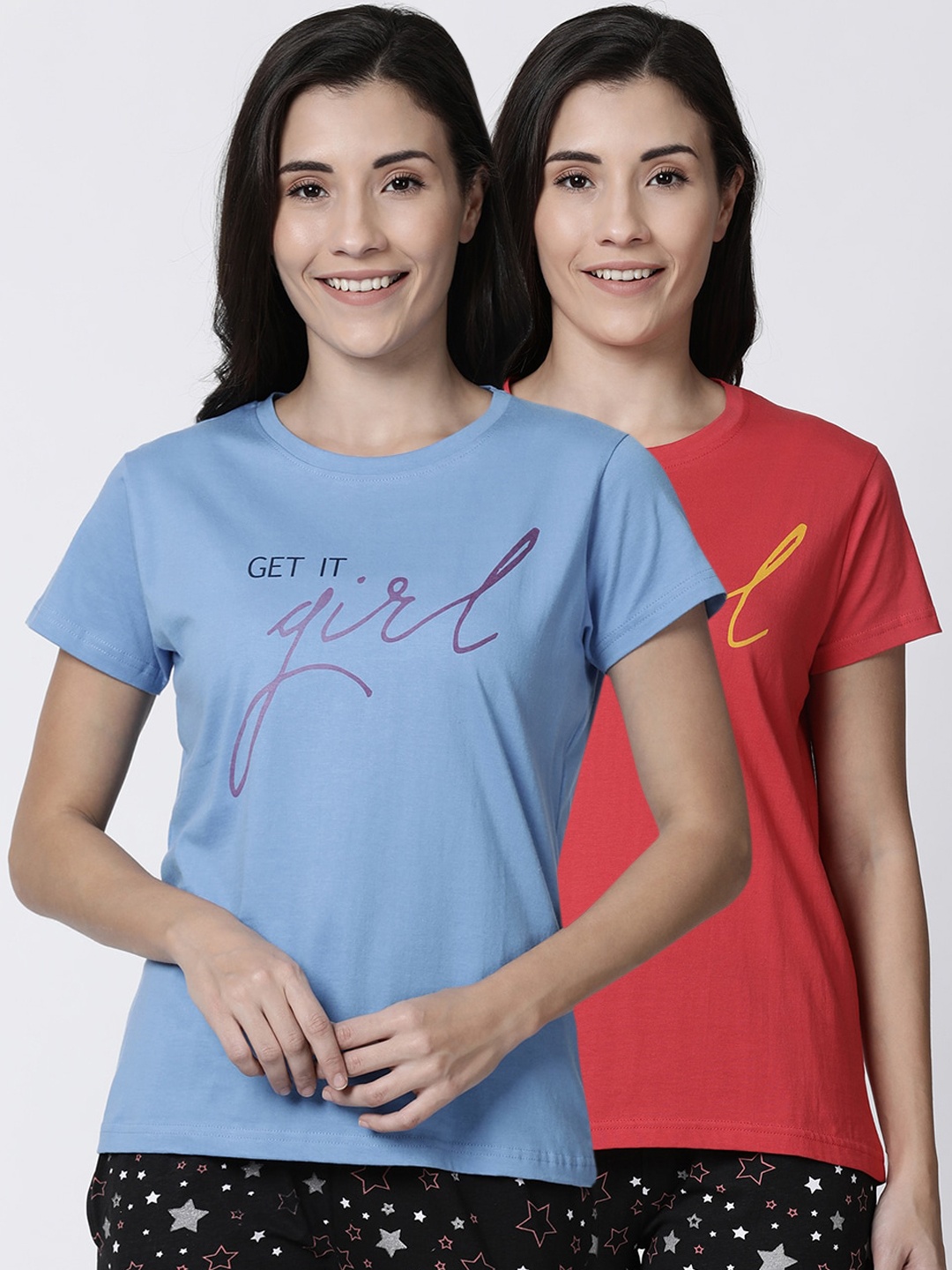 

Kryptic Women Pack Of 2 Printed Pure Cotton Lounge T-Shirts, Blue