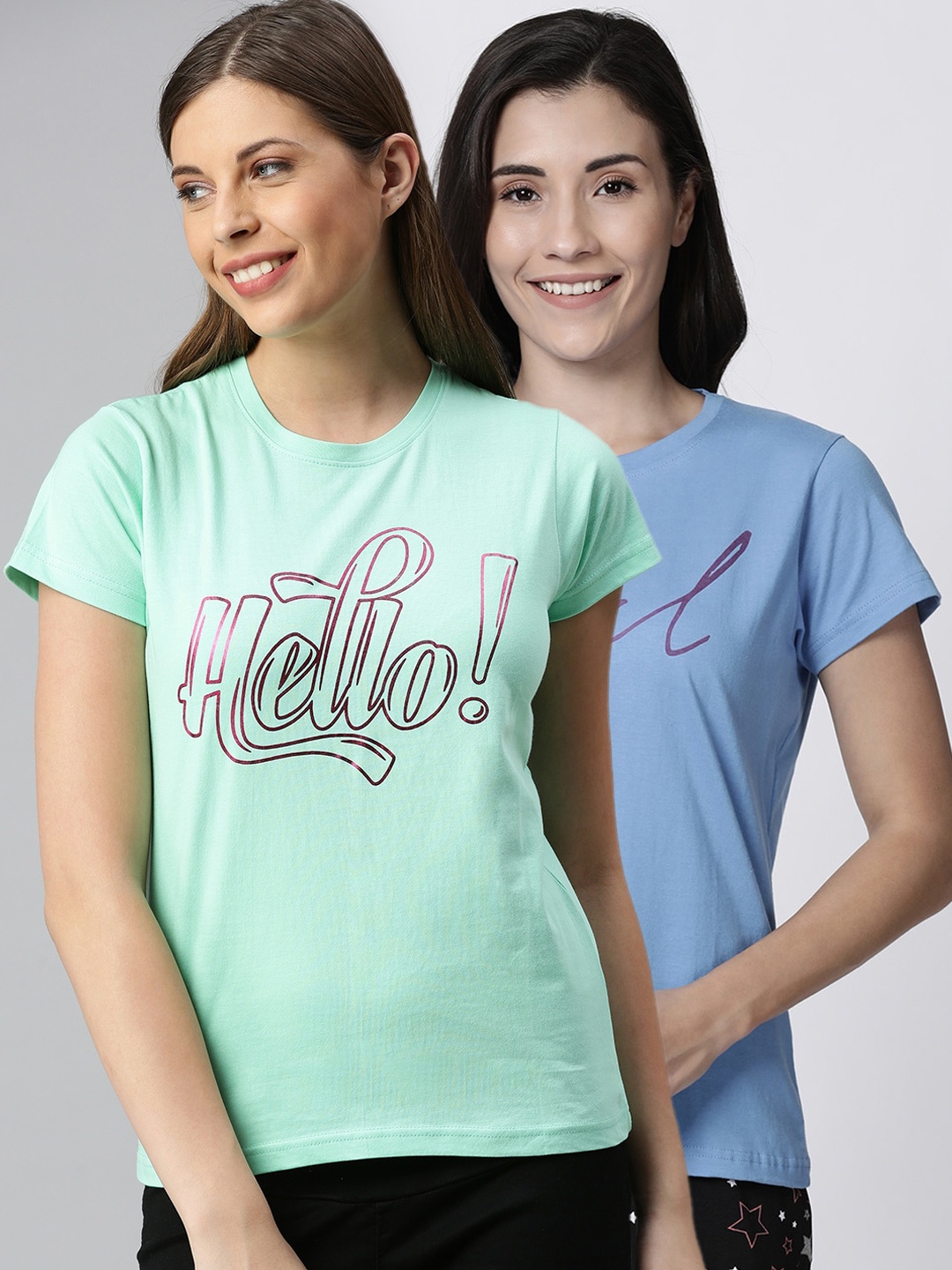 

Kryptic Women Pack Of 2 Printed Pure Cotton Lounge T-Shirts, Blue
