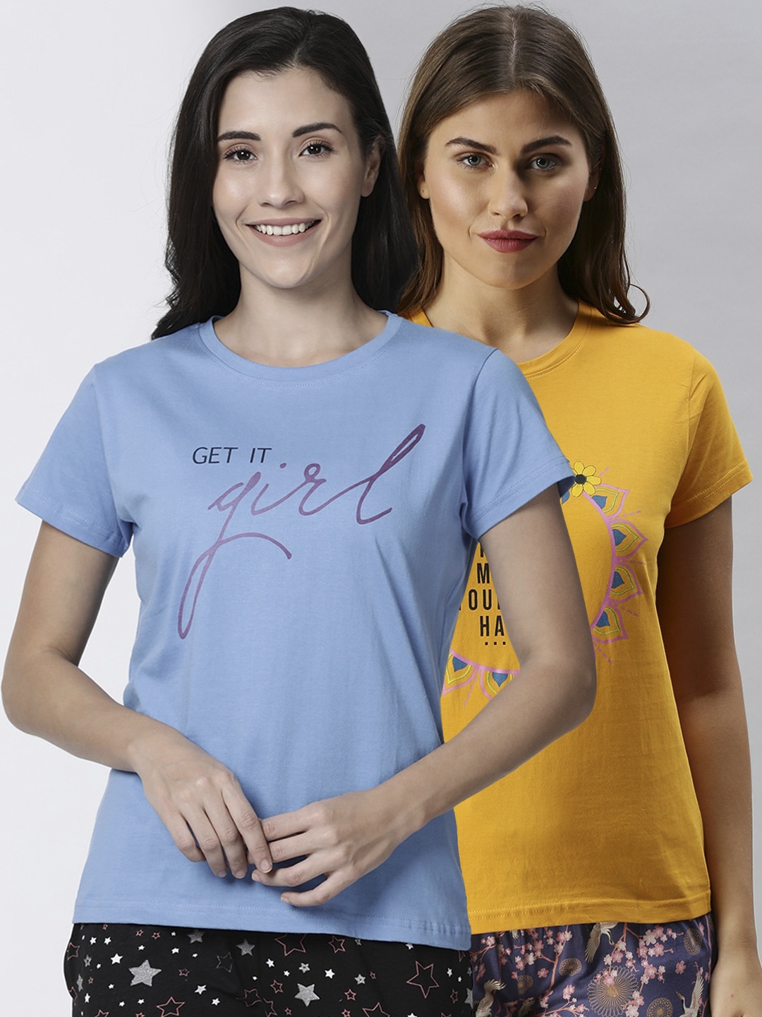 

Kryptic Women Pack Of 2 Printed Pure Cotton Lounge T-Shirts, Blue