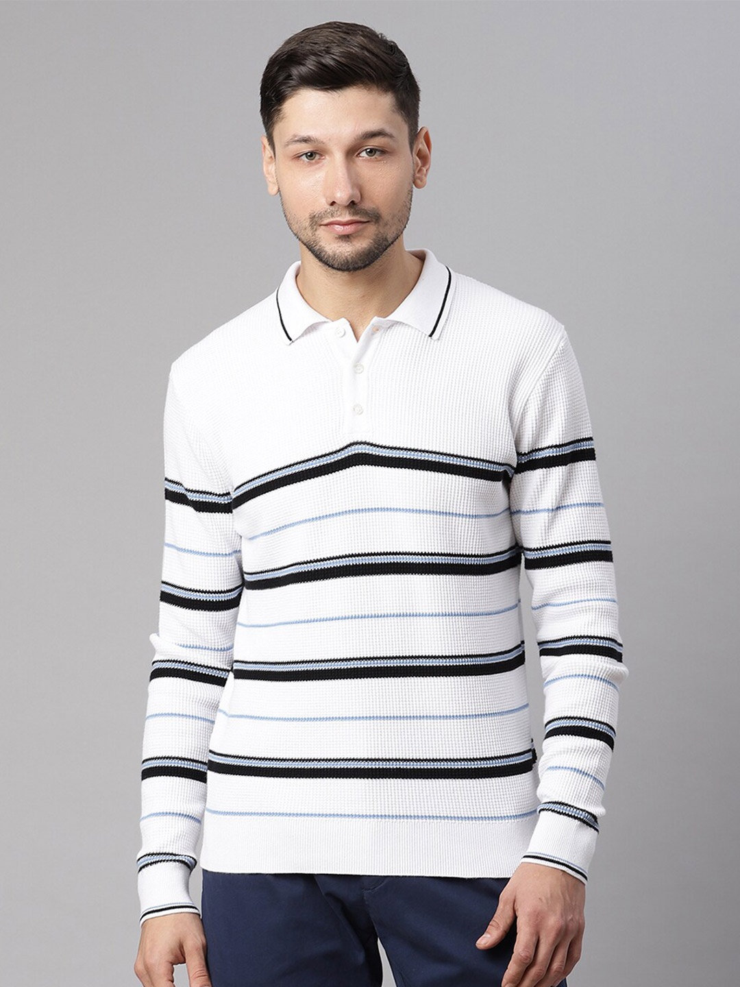 

HARSAM Men White Striped Pure Cotton Polo Collar T-shirt