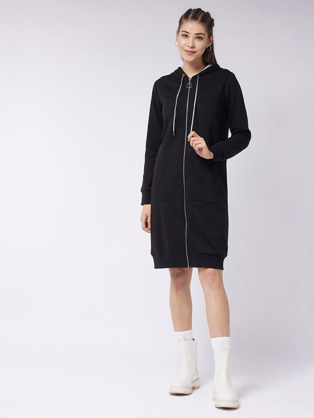 

Miss Chase Women Black Fleece Hooded Longline Jacket