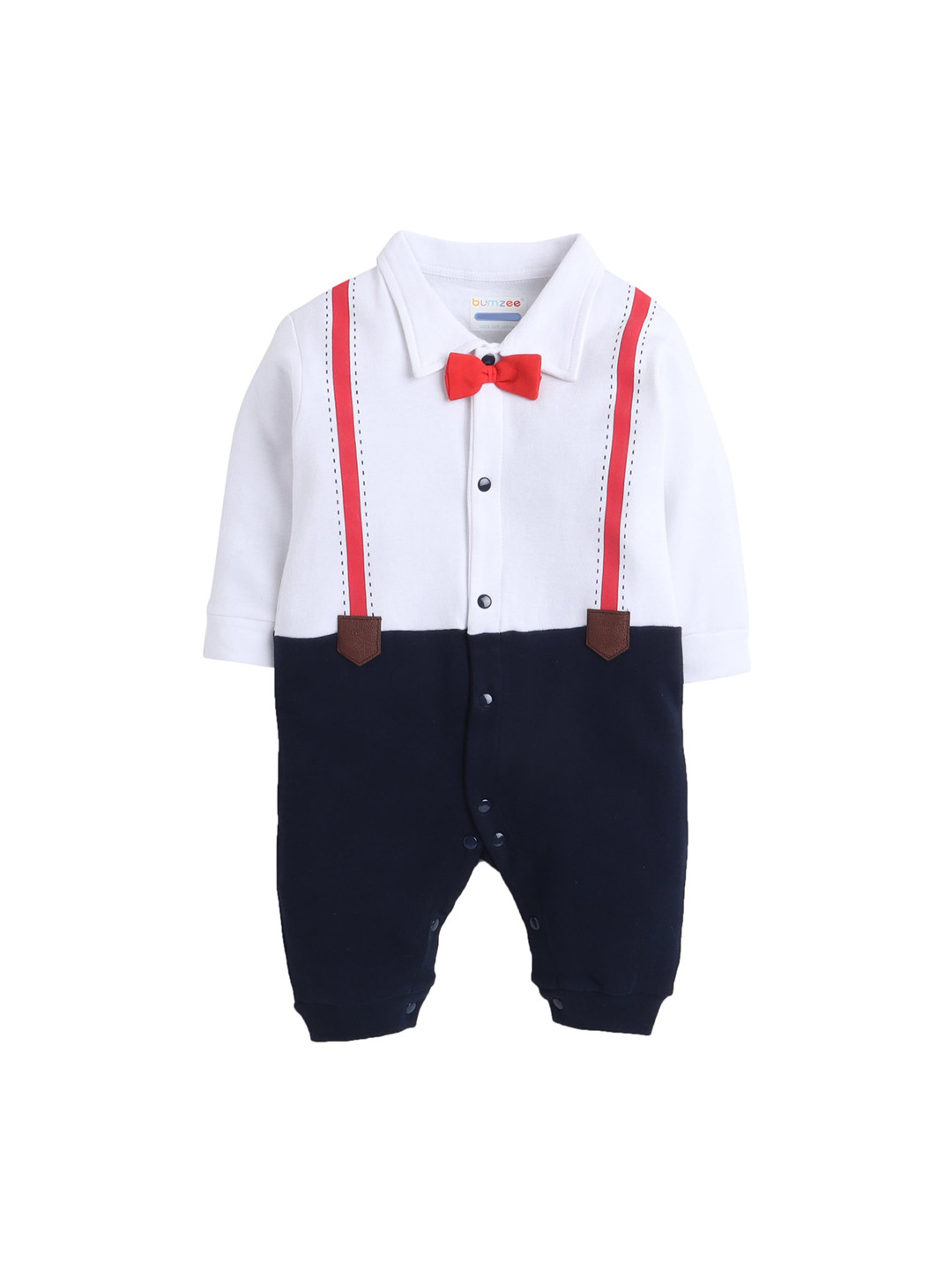 

BUMZEE Boys White & Navy Blue Suspender Printed Sleepsuit