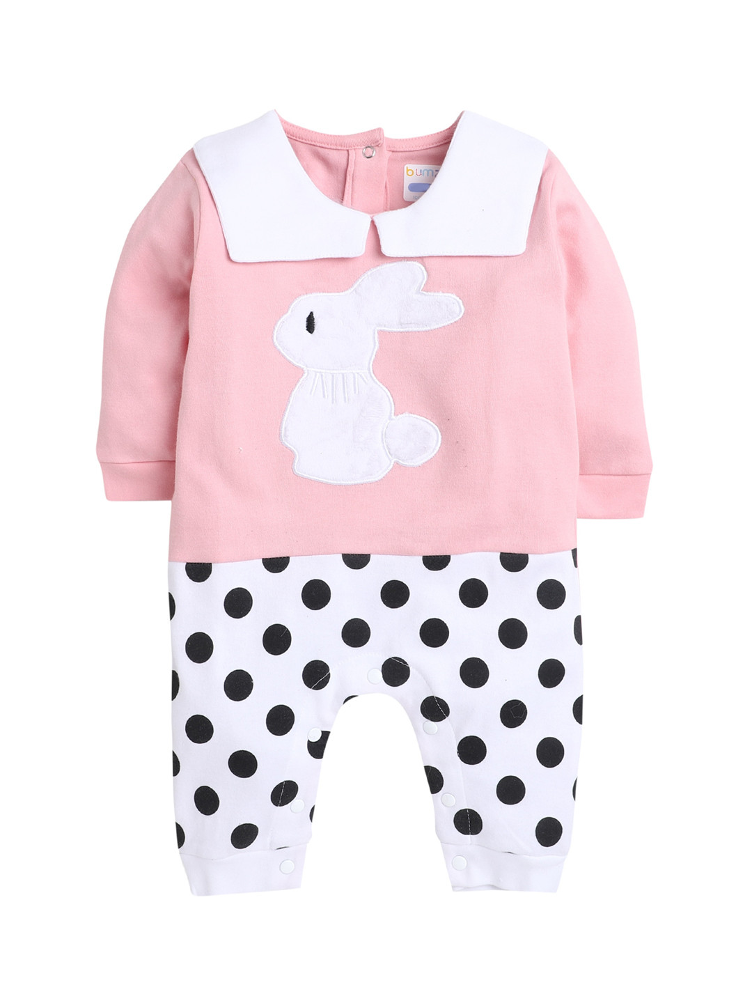 

BUMZEE Infant Girls Pink & White Printed Rabbit Applique Sleepsuit