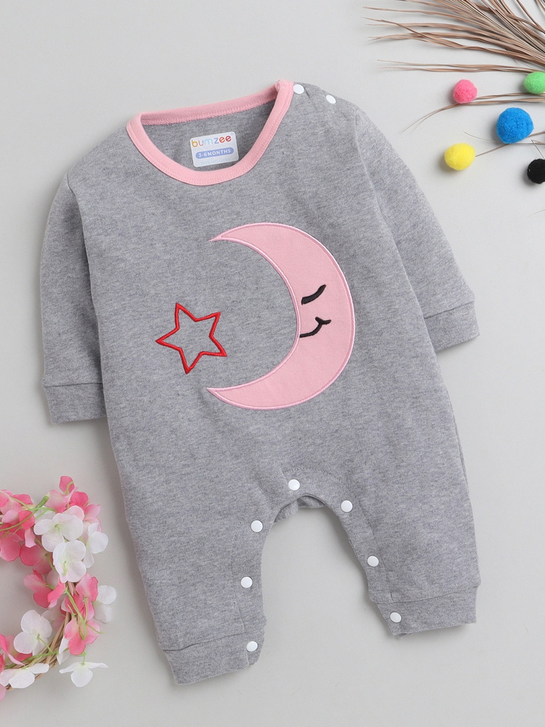 

BUMZEE Boys Grey Melange Moon Applique Sleepsuit