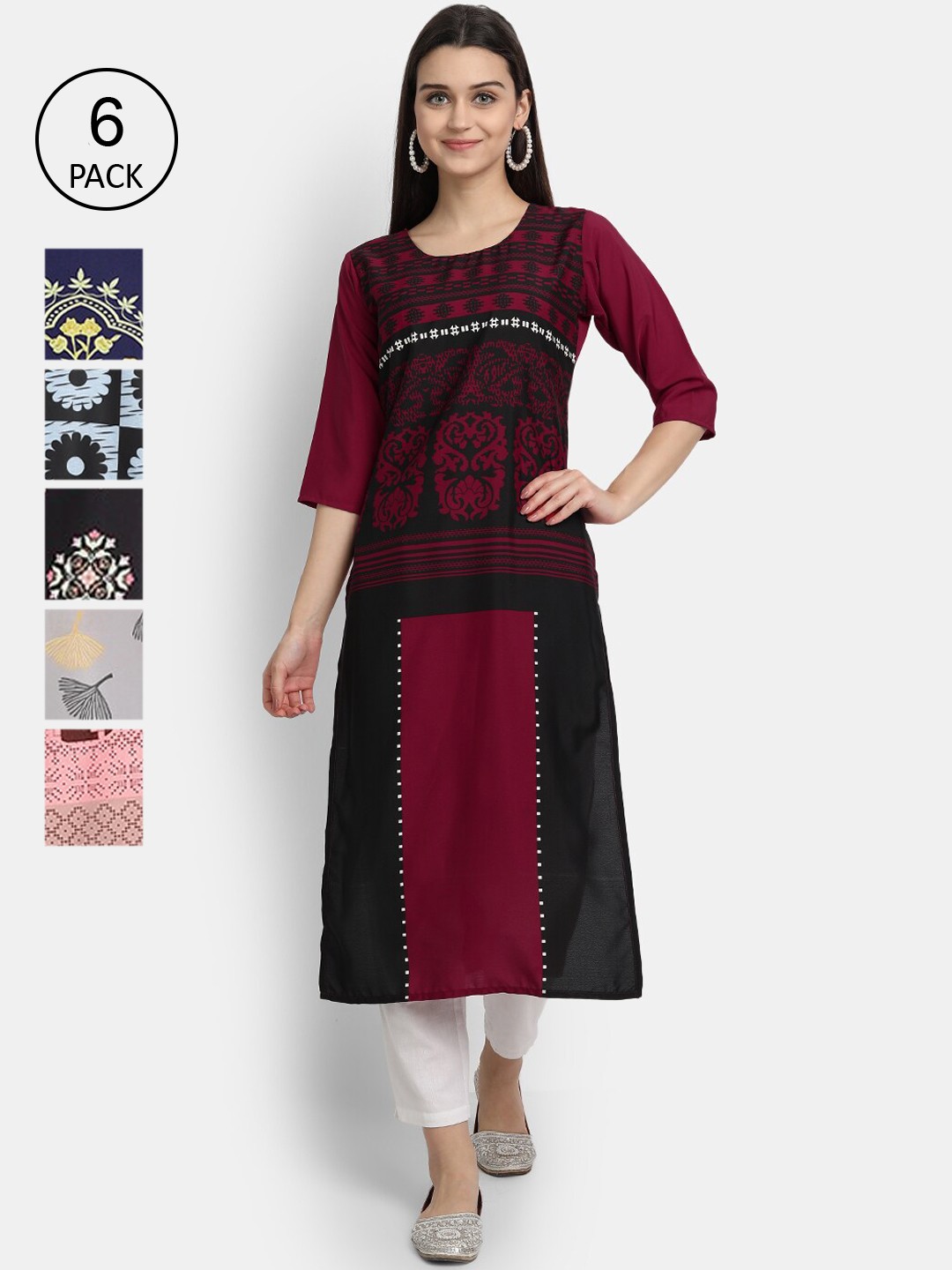 

7Threads Women Pack of 6 Ethnic Motifs Digital Printed Straight Crepe Kurtas, Multi