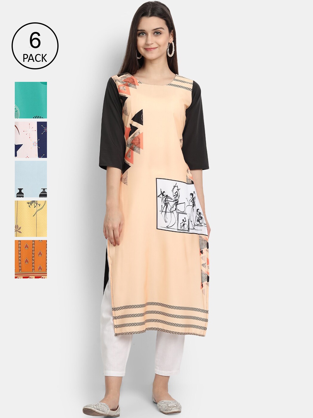 

7Threads Women Pack of 6 Digital Printed Straight Crepe Kurtas, Green
