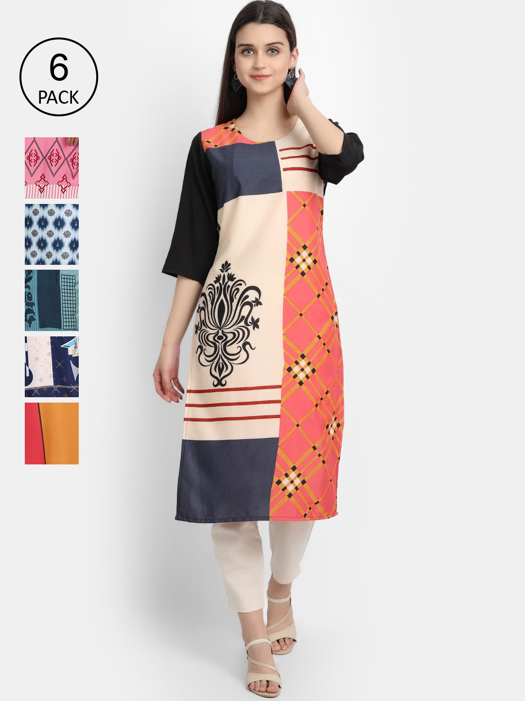 

7Threads Women Pack of 6 Digital Printed Straight Crepe Kurtas, Multi