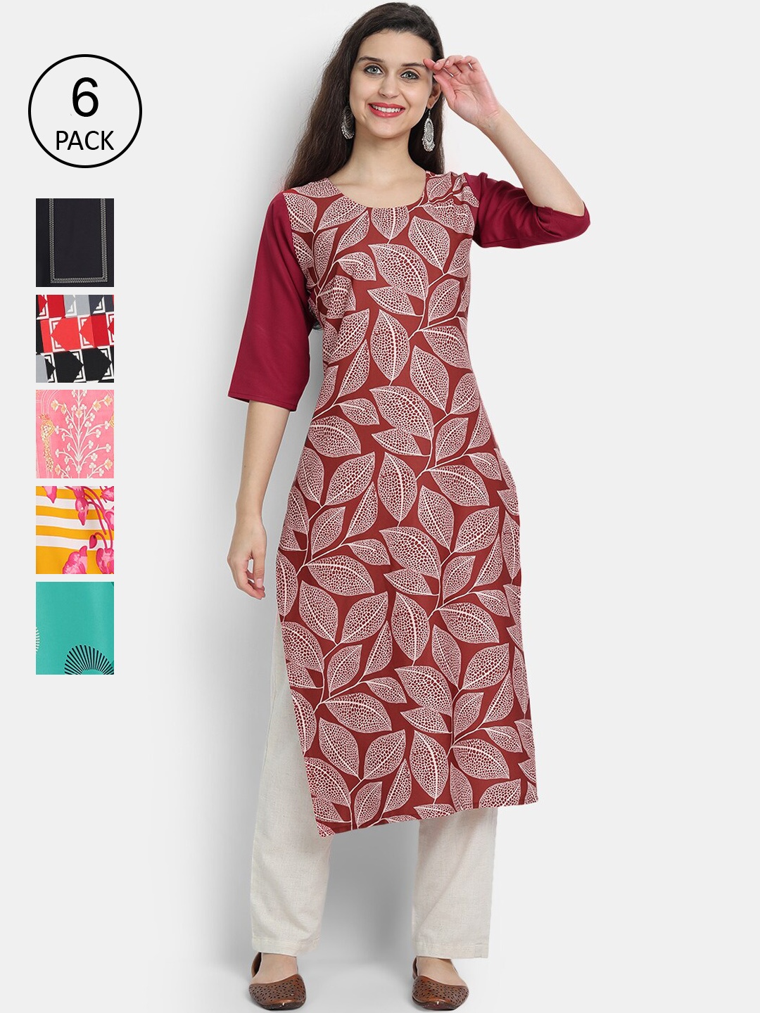 

7Threads Women Pack of 6 Ethnic Motifs Printed Kurtas, Multi