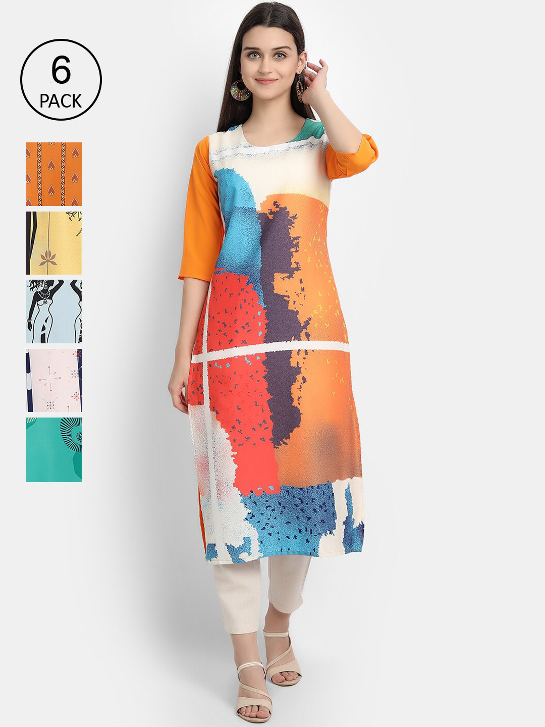 

7Threads Women Pack of 6 Printed Crepe Kurtas, Multi
