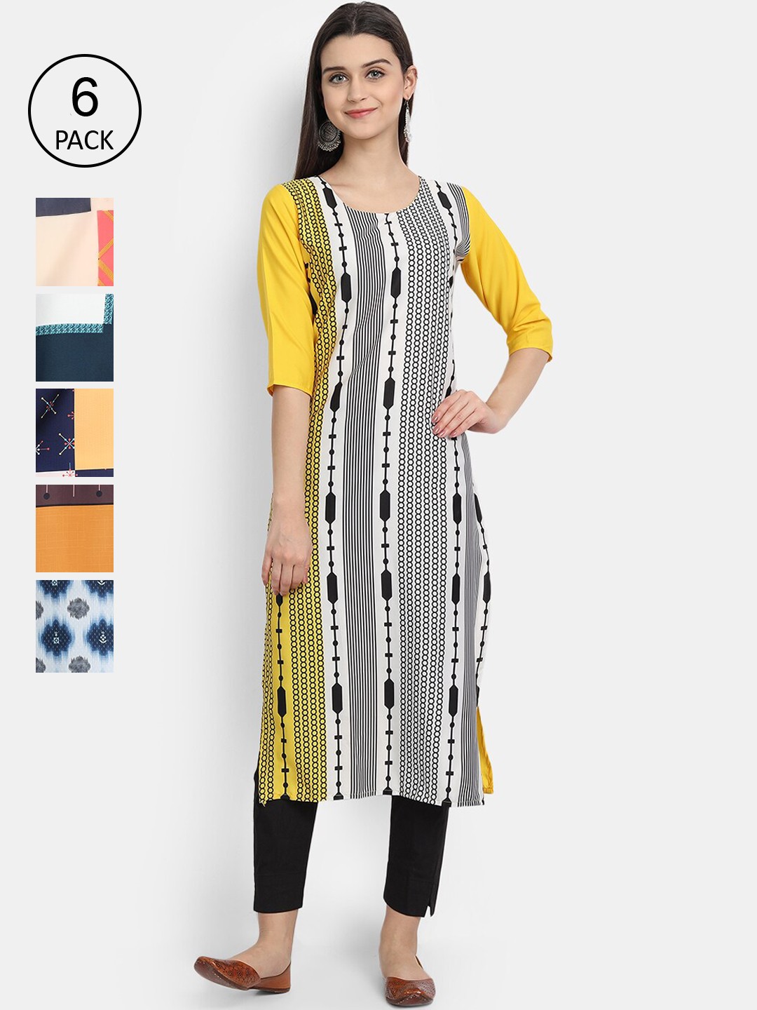 

7Threads Women Pack of 6 Ethnic Motifs Striped Kurtas, Multi