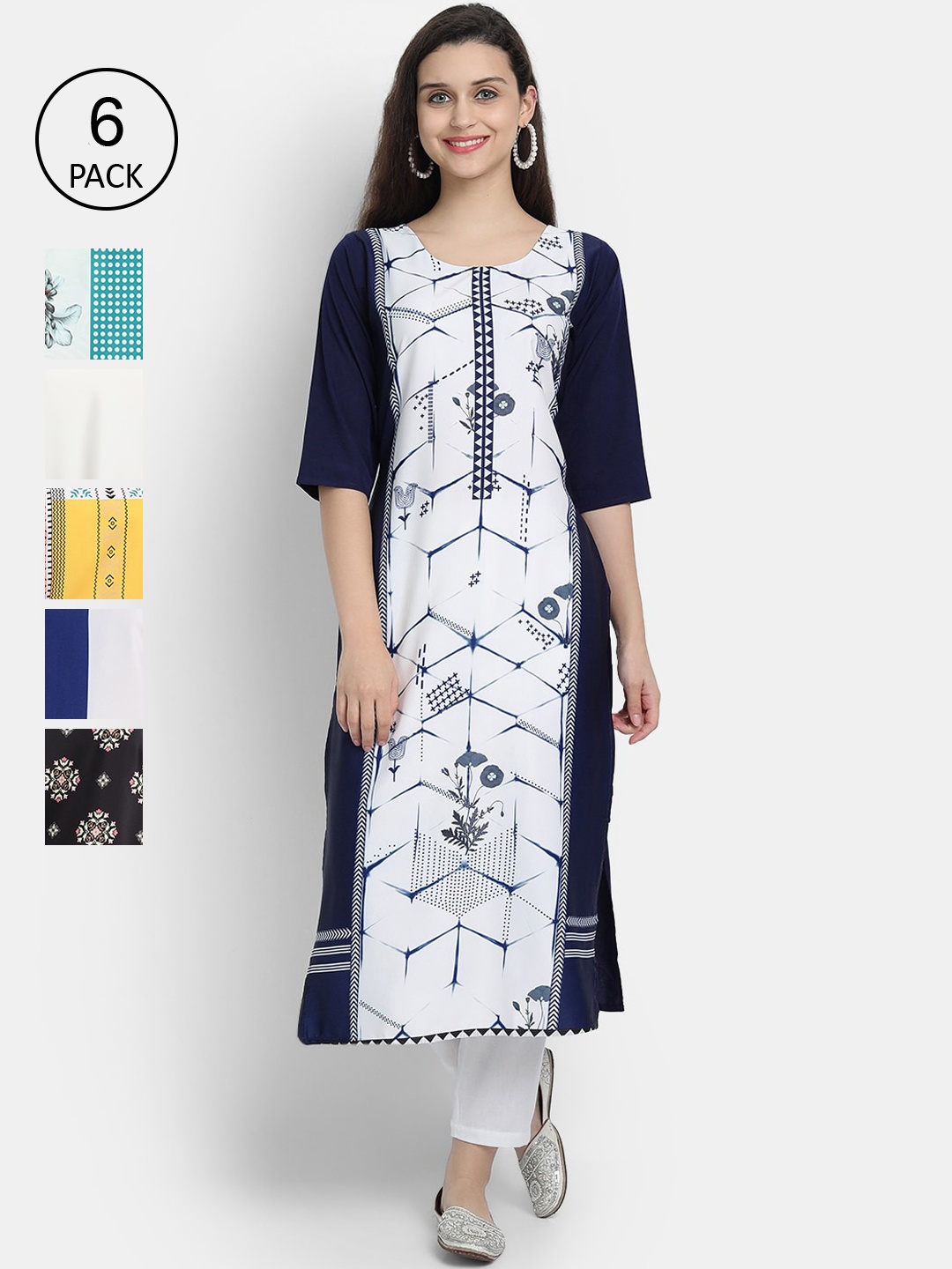 

7Threads Women Pack of 6 Ethnic Motifs Printed Kurtas, Multi