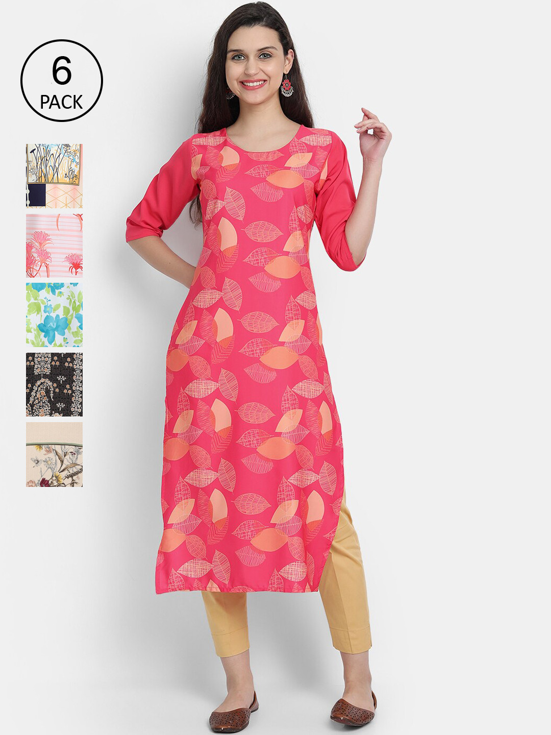 

7Threads Women Pack of 6 Floral Printed Crepe Kurtas, Multi