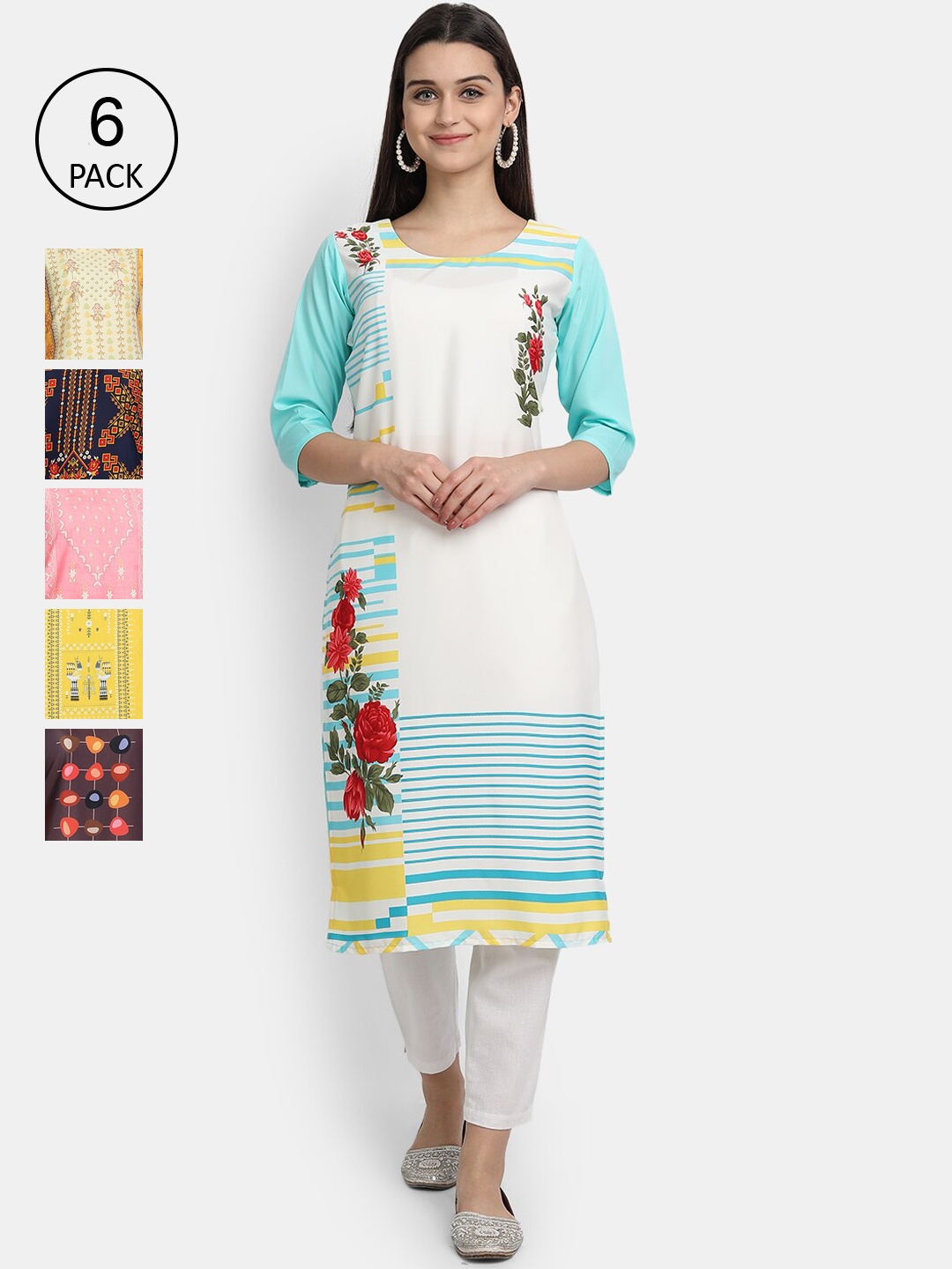 

7Threads Women Pack of 6 Floral Printed Kurtas, Multi