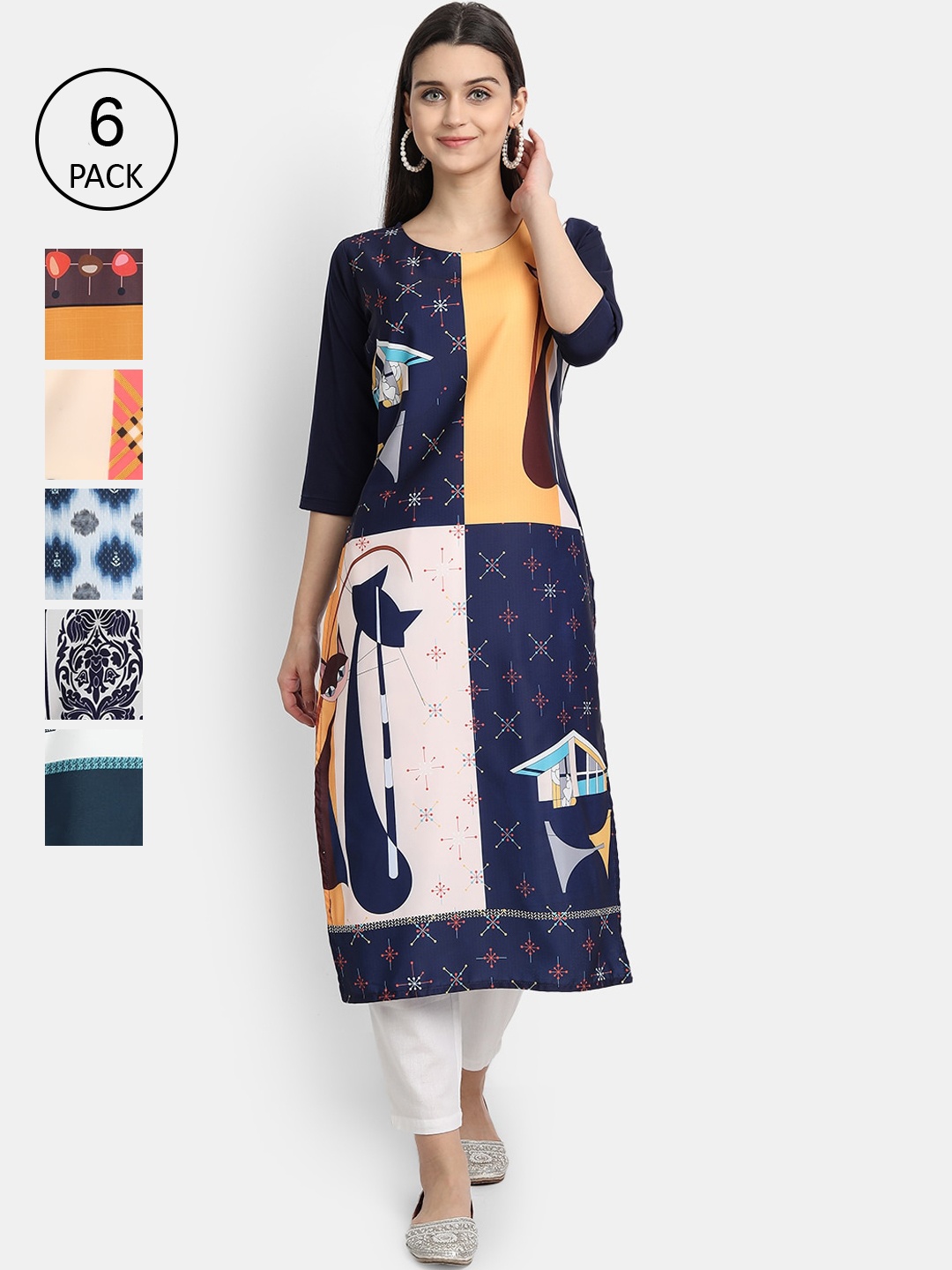 

7Threads Women Pack of 6 Digital Printed Straight Crepe Kurtas, Multi