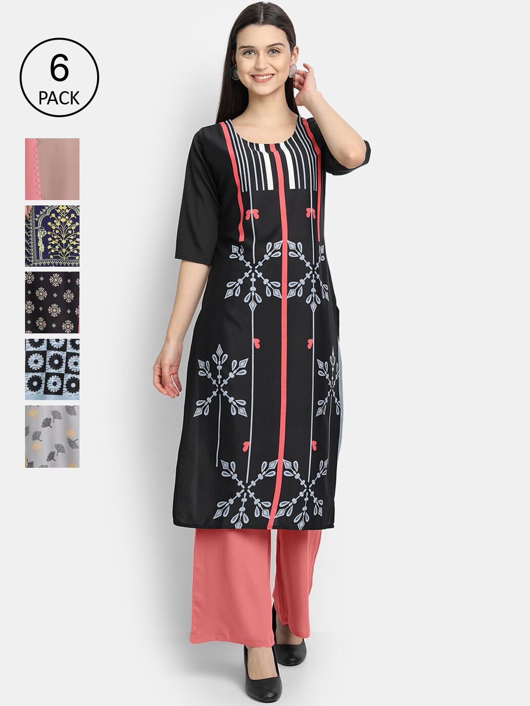 

7Threads Women Pack Of 6 Multicoloured Floral Printed Crepe Kurta, Multi