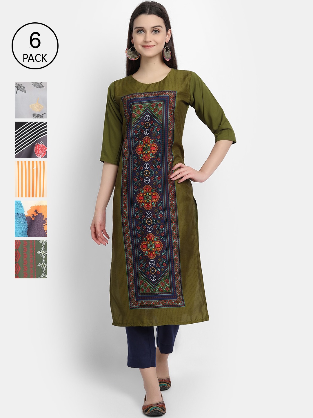 

7Threads Women Pack of 6 Digital Printed Straight Crepe Kurtas, Multi
