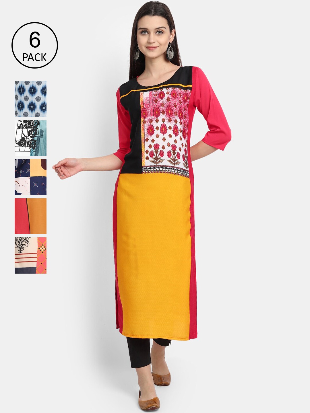 

7Threads Women Pack of 6 Ethnic Motifs Yoke Design Kurtas, Multi