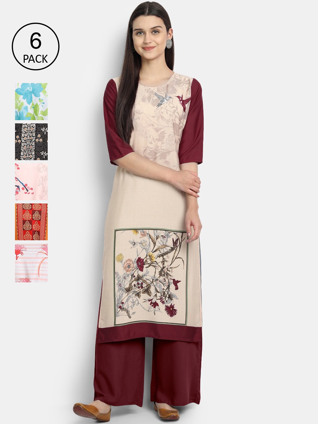 

7Threads Women Pack of 6 Floral Digital Printed Straight Crepe Kurtas, Multi
