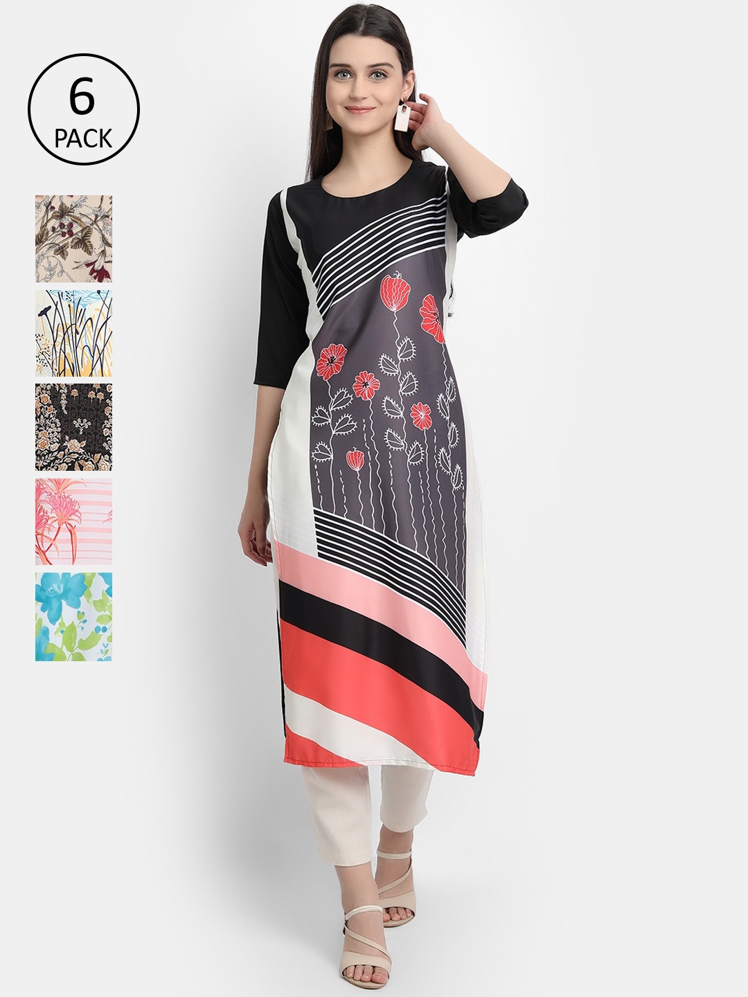

7Threads Women Multicoloured Geometric Striped Keyhole Neck Thread Work Crepe Kurta, Multi