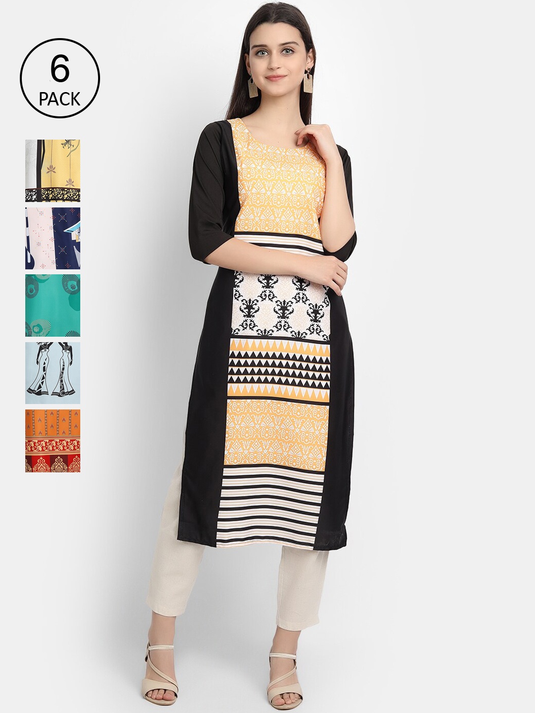 

7Threads Women Pack of 6 Digital Printed Straight Crepe Kurtas, Multi