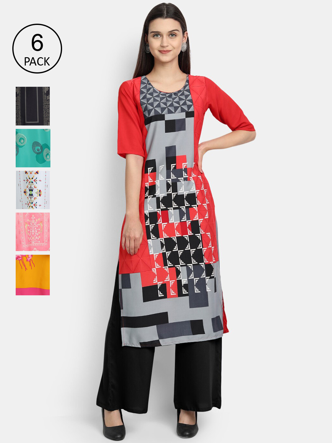 

7Threads Women Multicoloured Pack Of 6 Crepe Kurta, Multi