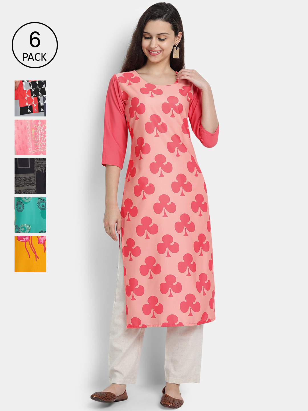 

7Threads Women Pack of 6 Floral Printed Crepe Kurta, Multi