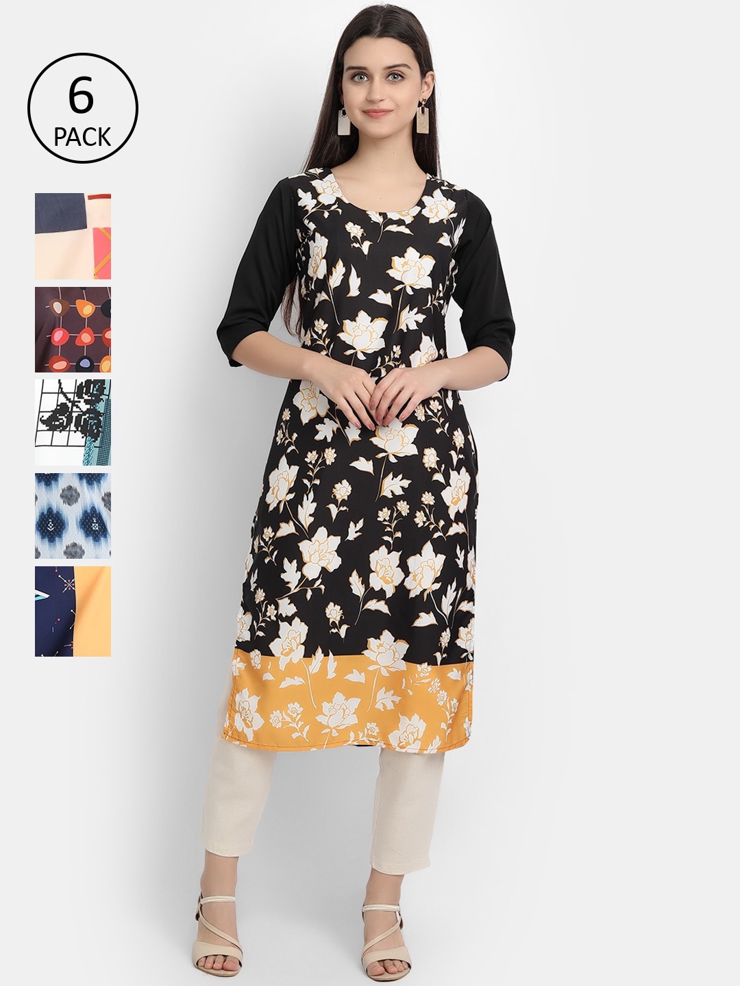 

7Threads Women Pack of 6 Digital Printed Straight Crepe Kurtas, Multi