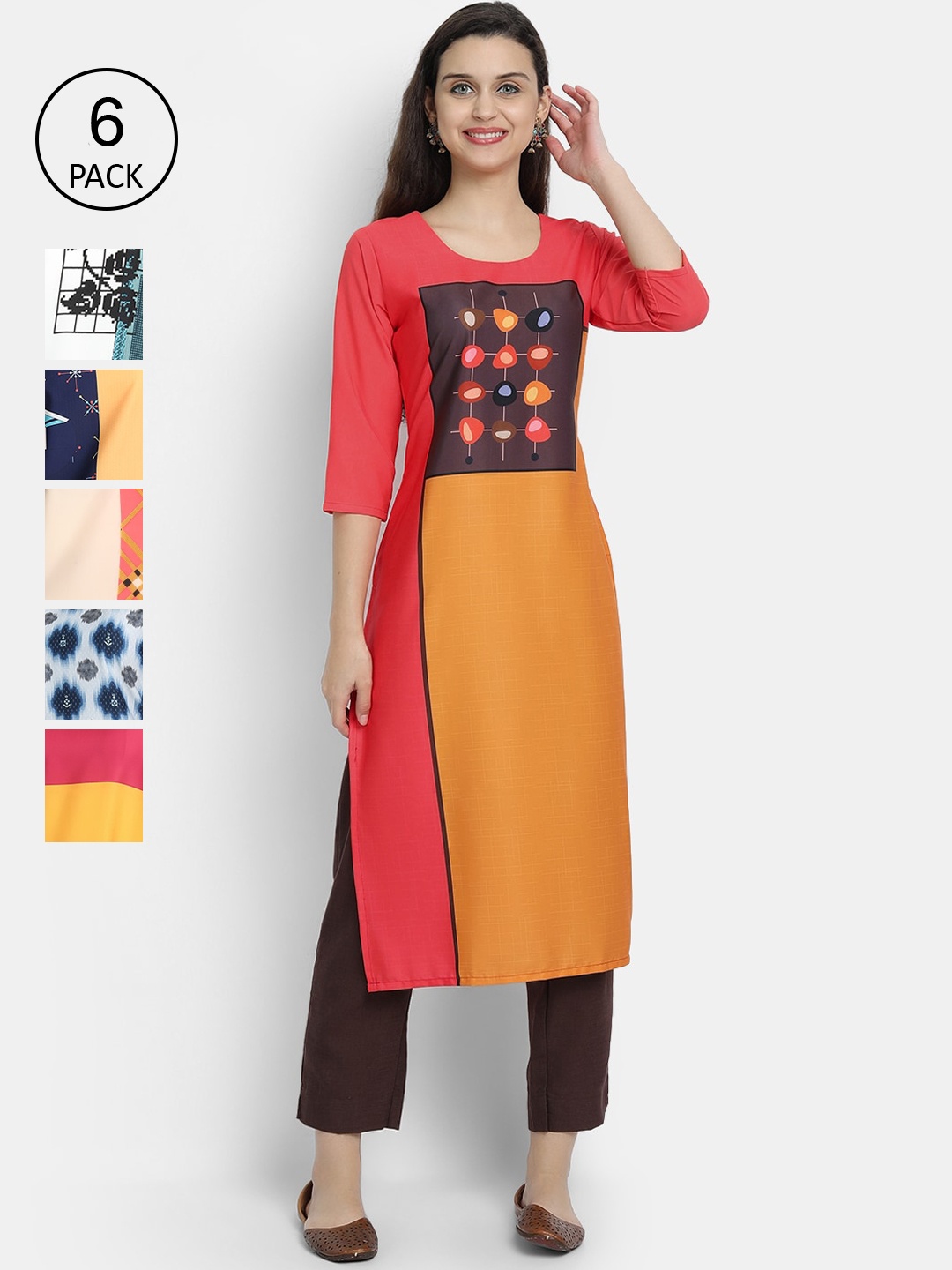 

7Threads Women Pack of 6 Digital Printed Straight Crepe Kurtas, Multi