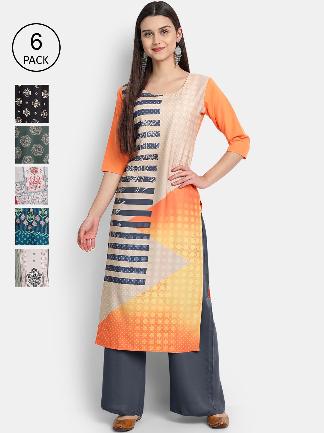 

7Threads Women Pack of 6 Ethnic Motifs Printed Kurtas, Multi