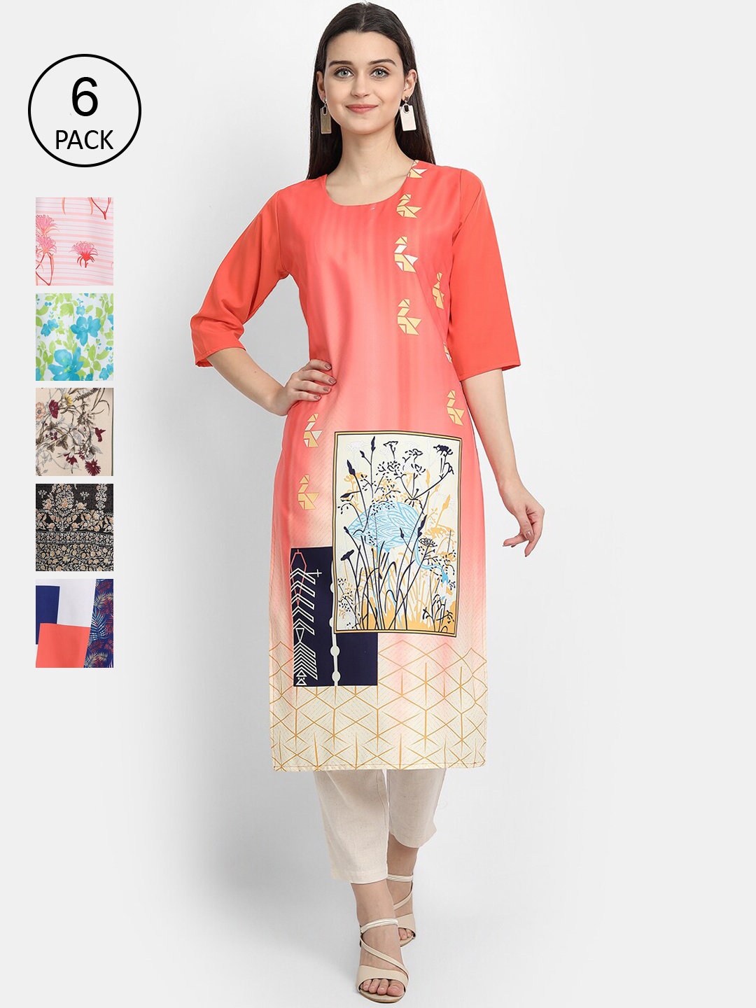 

7Threads Woman Pack of 6 Multicoloured Ethnic Motifs Printed Crepe Kurta, Multi