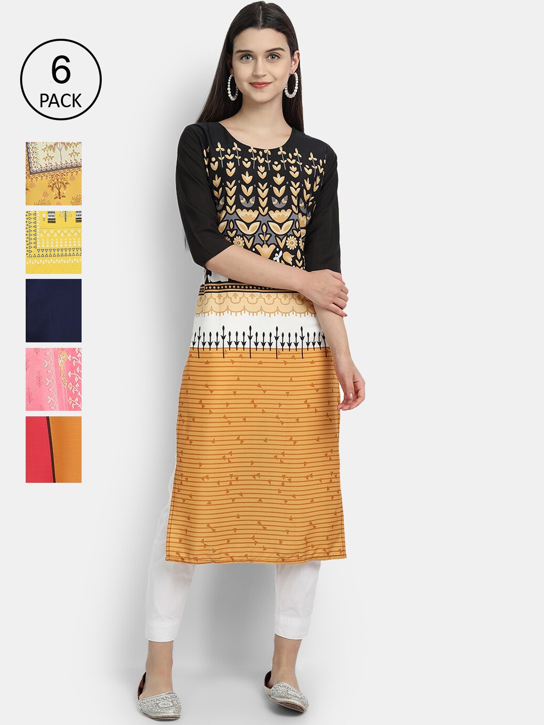 

7Threads Women Pack of 6 Geometric Printed Kurtas, Multi